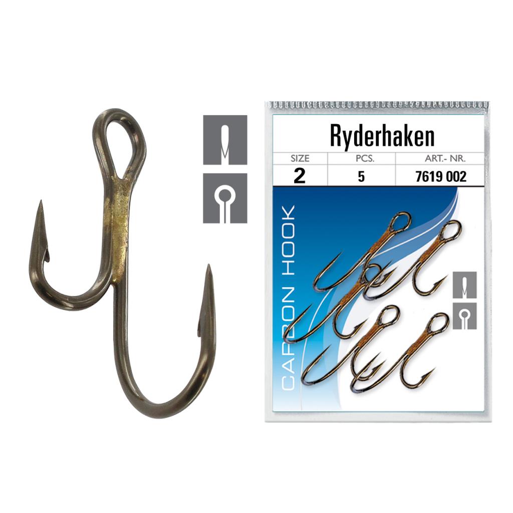 Kurze, brünierte Ryder-Haken in Spezialform – ideal für Raubfischmontagen.