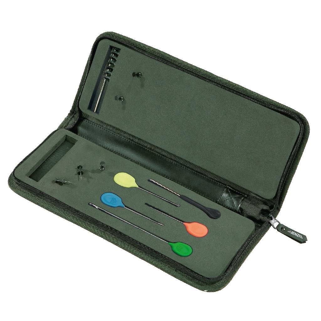 Etui für Karpfenvorfächer mit Nadel- und Bohrer-Set zur Boilie-Angelei.