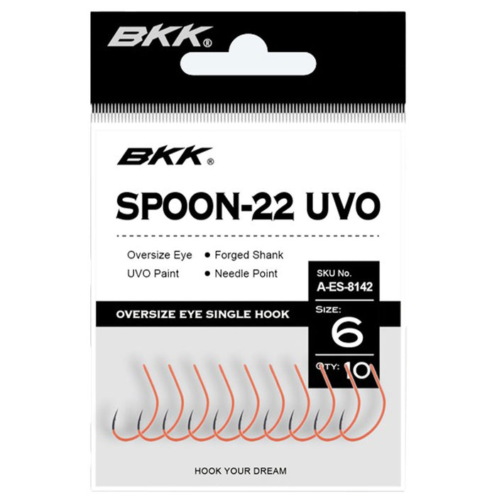 BKK Spoon 22 UVO Hook – orange UV-beschichteter Einzelhaken mit extra großer Öse und nach innen gerichteter Needle‑Point‑Spitze, ideal für Lachs, Forelle und Saibling
