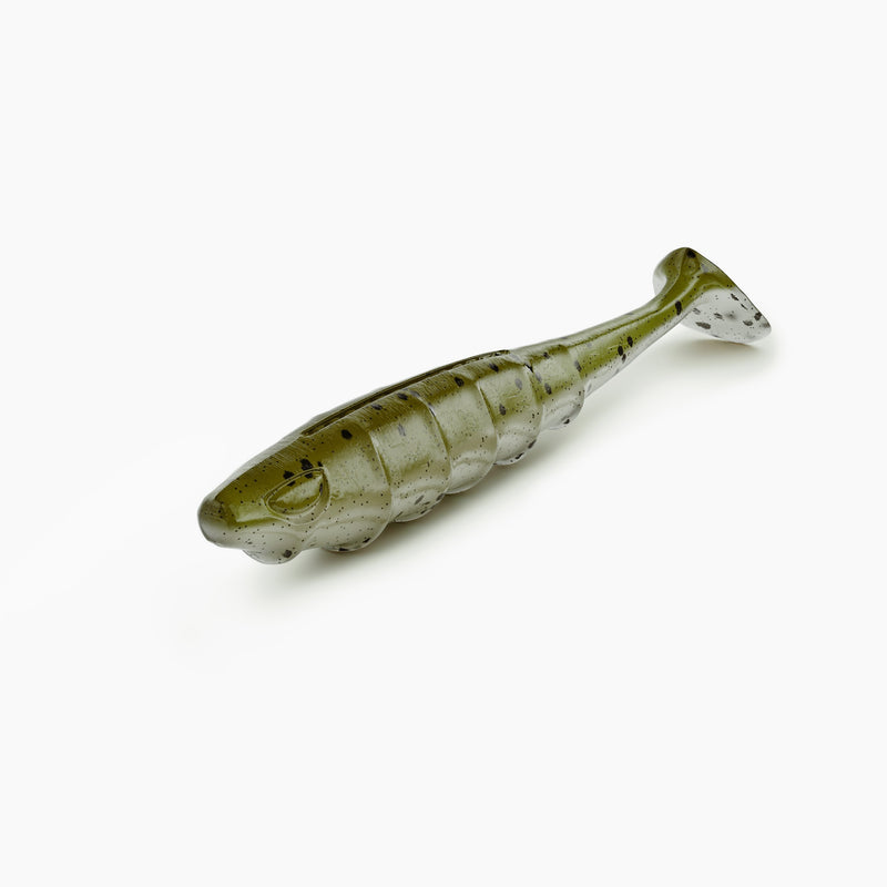 NAYS PRDTR Paddle-Tail Softbait mit natürlicher, rollender Aktion und Knoblauch-Aroma, vor weißem Hintergrund.
