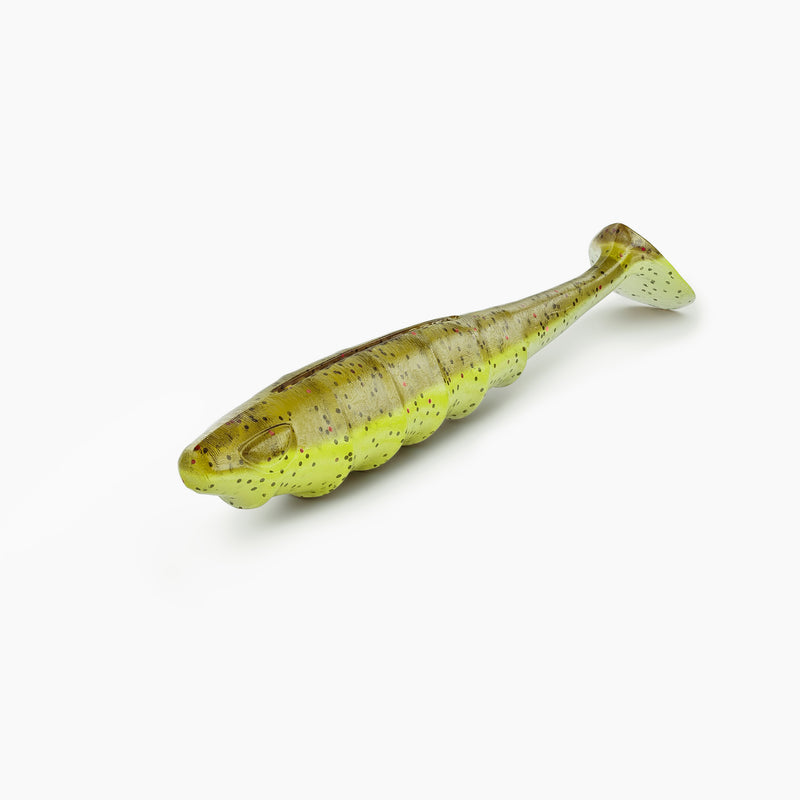 NAYS PRDTR Paddle-Tail Softbait mit natürlicher, rollender Aktion und Knoblauch-Aroma, vor weißem Hintergrund.
