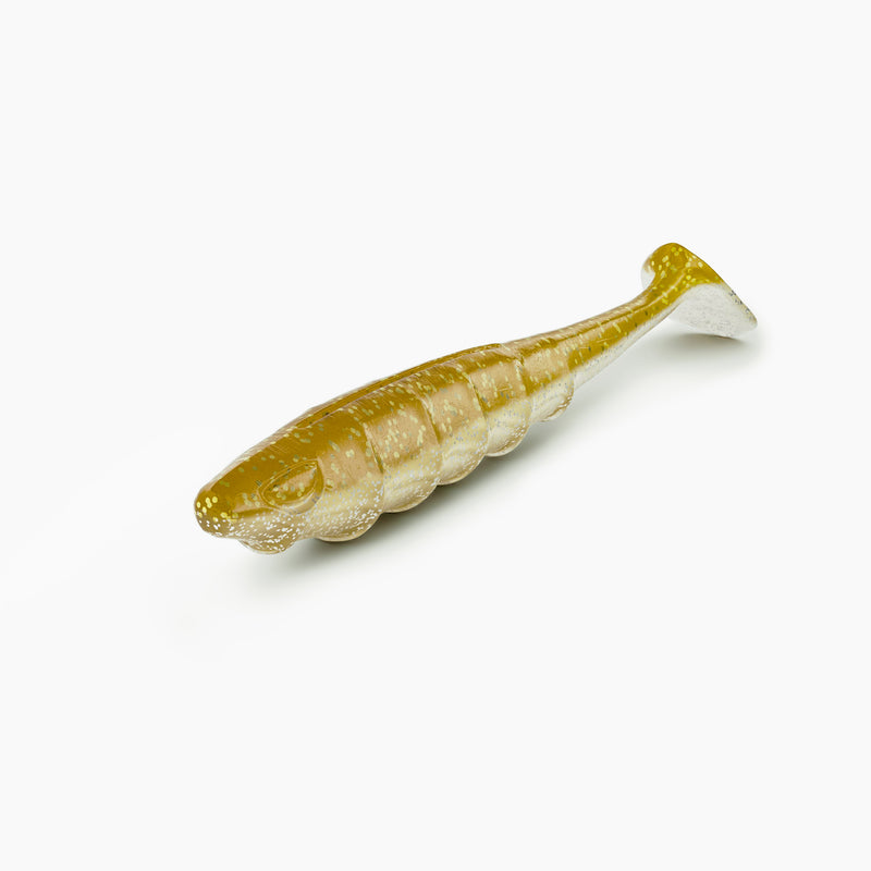 NAYS PRDTR Paddle-Tail Softbait mit natürlicher, rollender Aktion und Knoblauch-Aroma, vor weißem Hintergrund.
