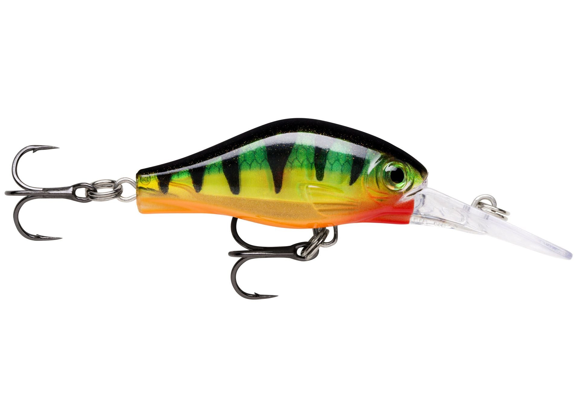 Rapala Shadow Rap Fat Jack Crankbait in Farbe P, schwimmend, mit lebendiger Flankbewegung und hochwertigen Drillingen.